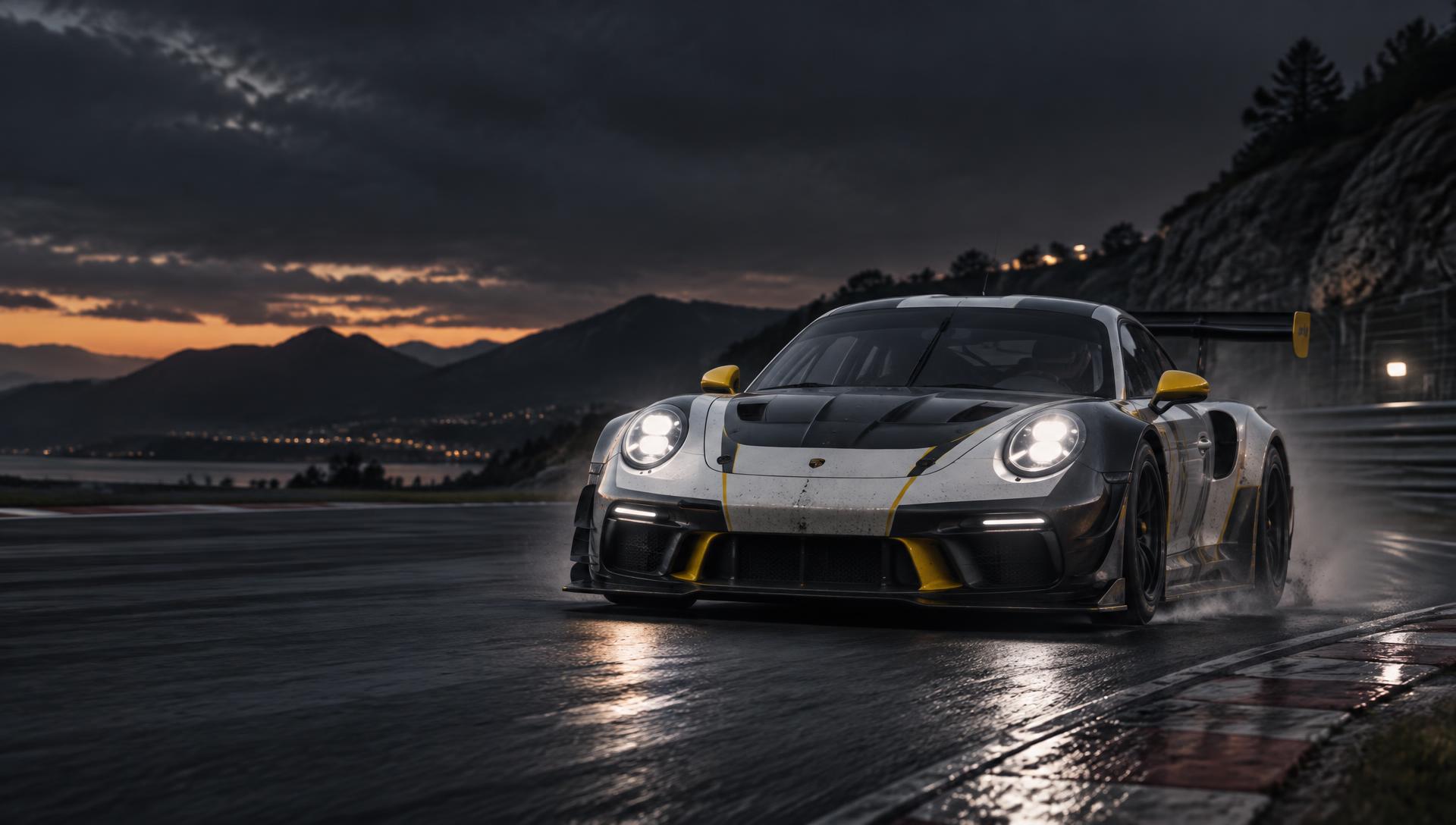 GT race car cornering on a wet circuit at dusk