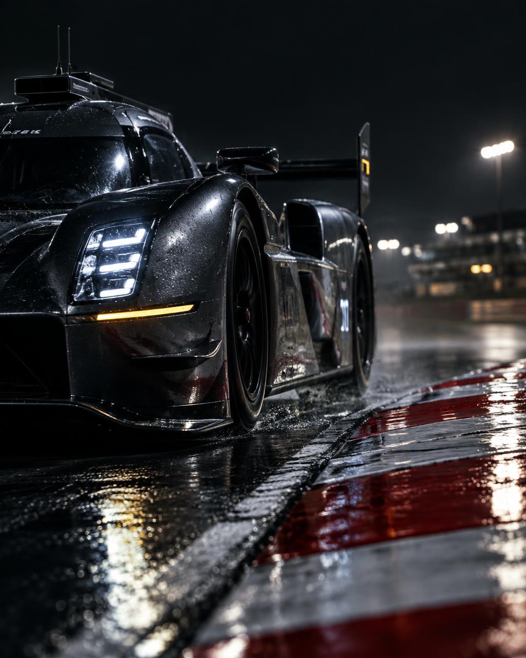 Prototype race car on a wet circuit