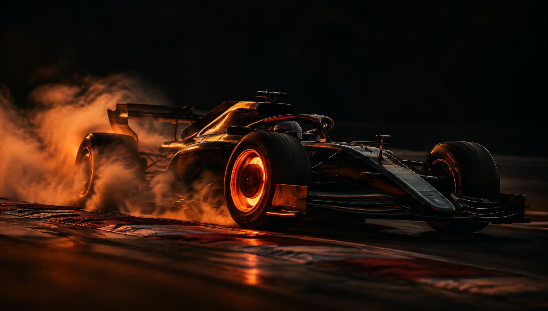 Race car braking hard with glowing brake discs
