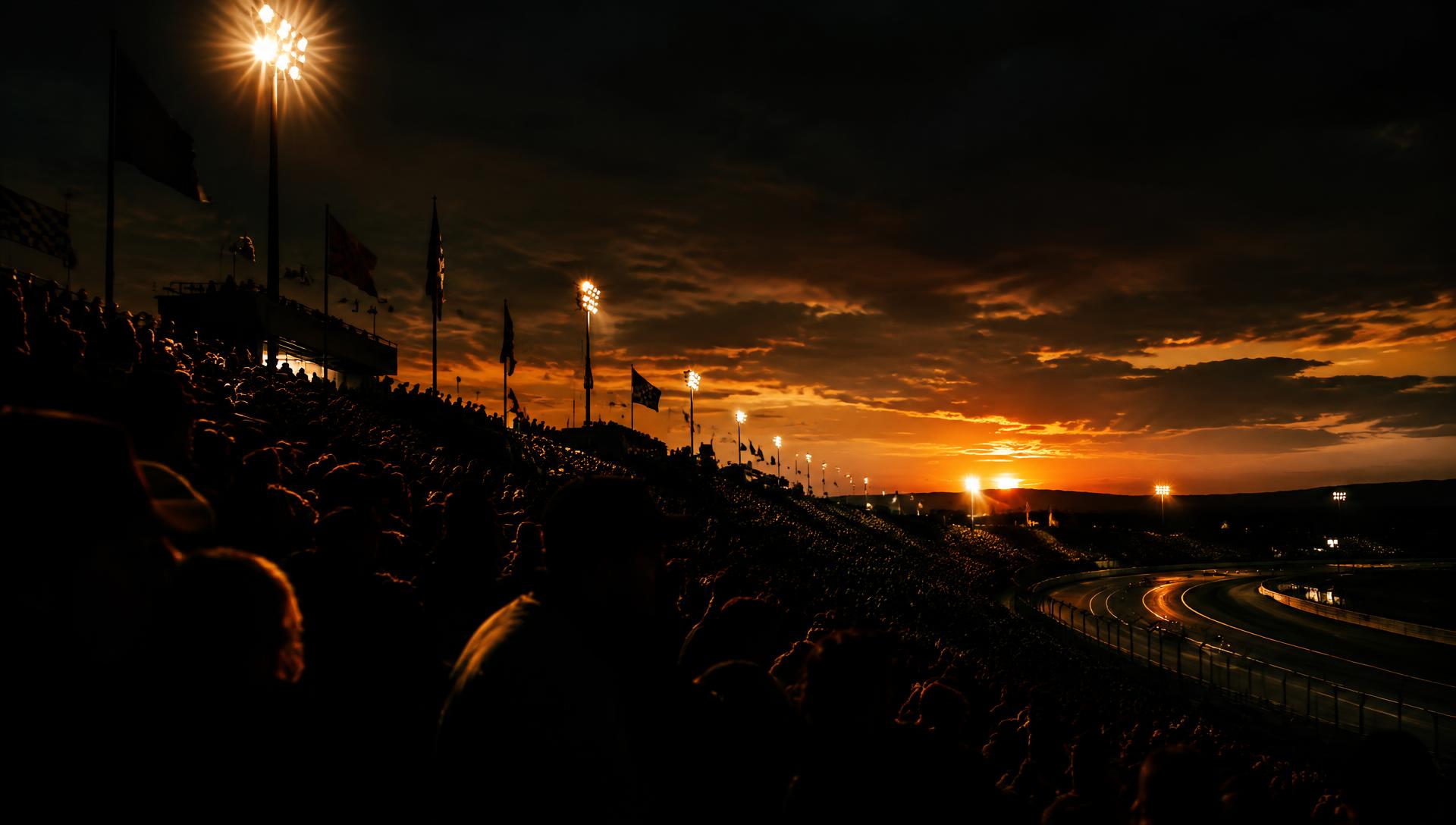 Grandstand crowd watching a race at dusk