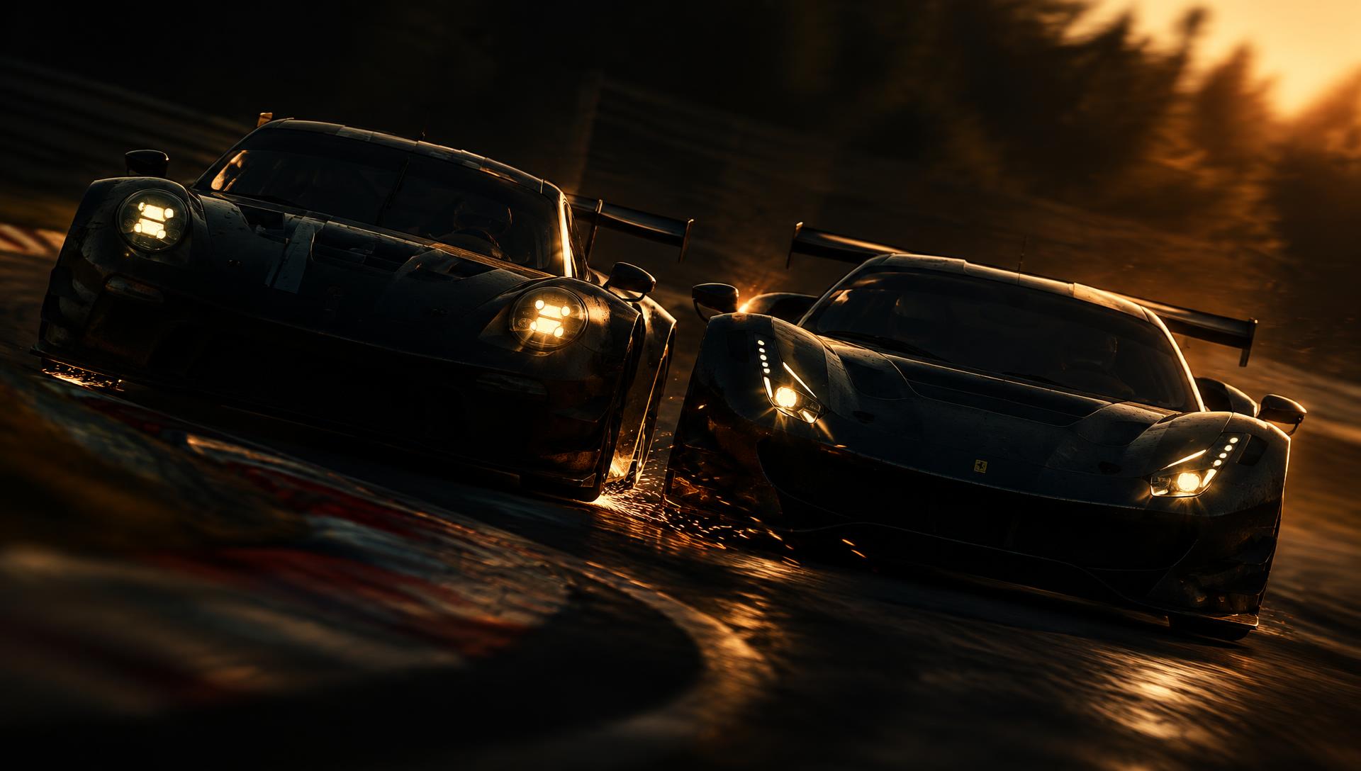 Two race cars fighting wheel to wheel