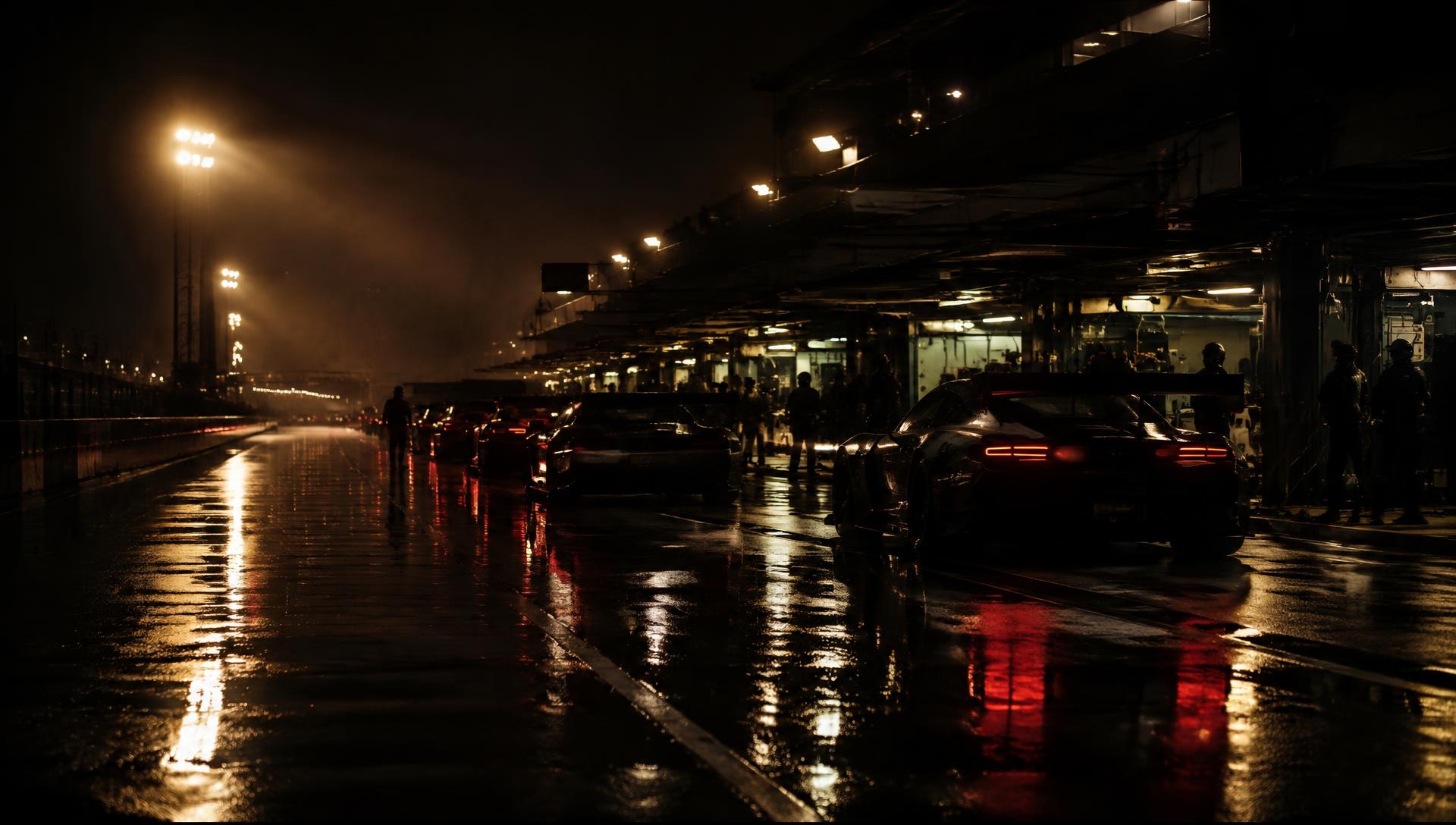 Race cars queued in a night pit lane under floodlights