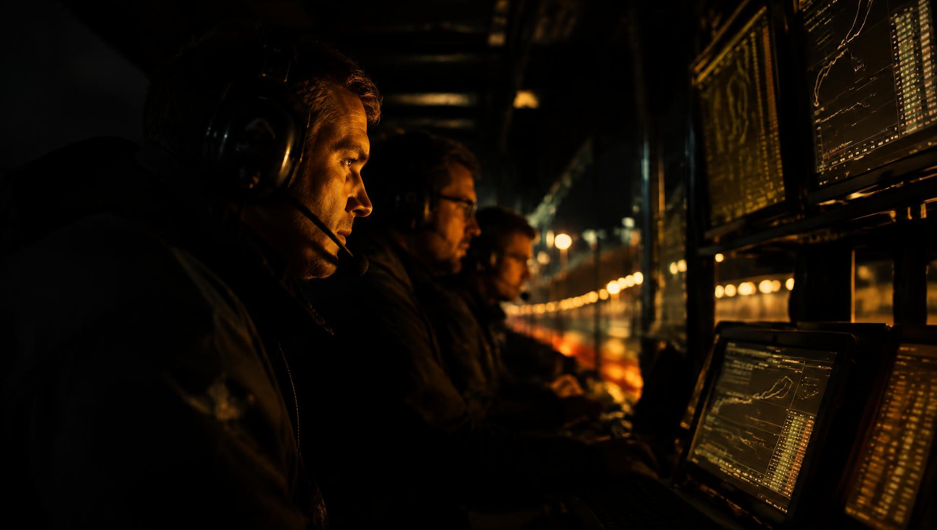 Race engineers on the pit wall lit by timing screens